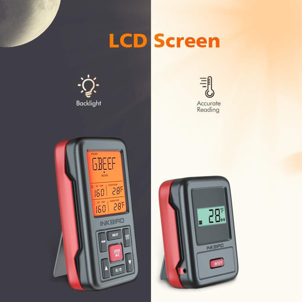 INKBIRD:Wireless Meat Thermometer w/Alarm, Timer & Backlight, 500ft Dual Probes
