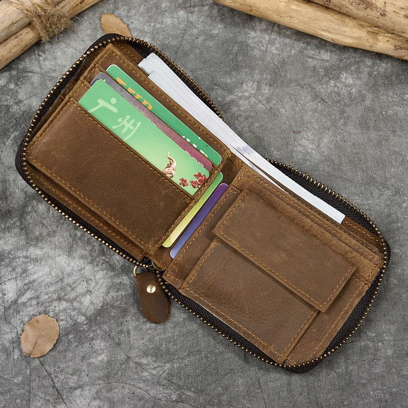 Real Leather Coin Wallet Zip Men Women Short Wallet Purse Zipper Brown Small