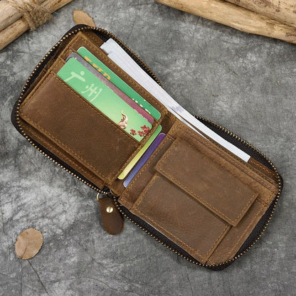 Real Leather Coin Wallet Zip Men Women Short Wallet Purse Zipper Brown Small