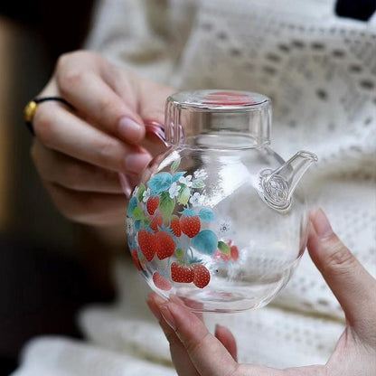Hand-printed Strawberry Round Ball Glass Kettle Hand Pot Tea Maker Tea Infuser