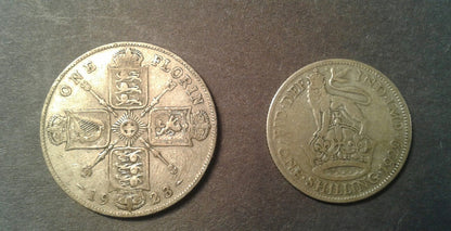 1929 Great Britain 1 Shilling & 1923 One Florin 2 Silver Coins 乔治五世古银币