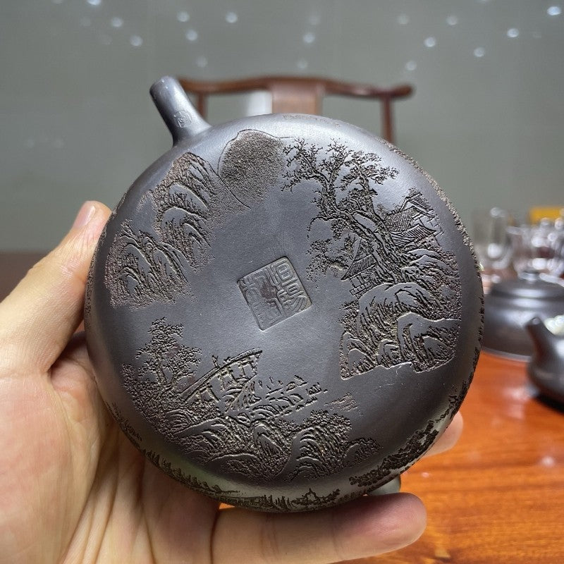 Yixing Zisha Tea Pot "Lone Boat On Cold River" Landscape Design Handmade Pot New