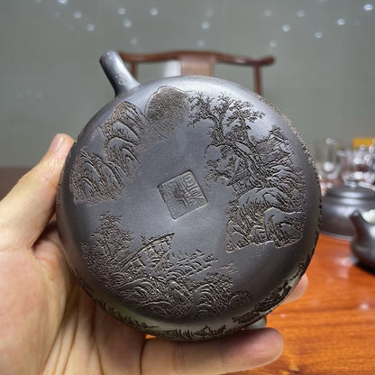 Yixing Zisha Tea Pot "Lone Boat On Cold River" Landscape Design Handmade Pot New