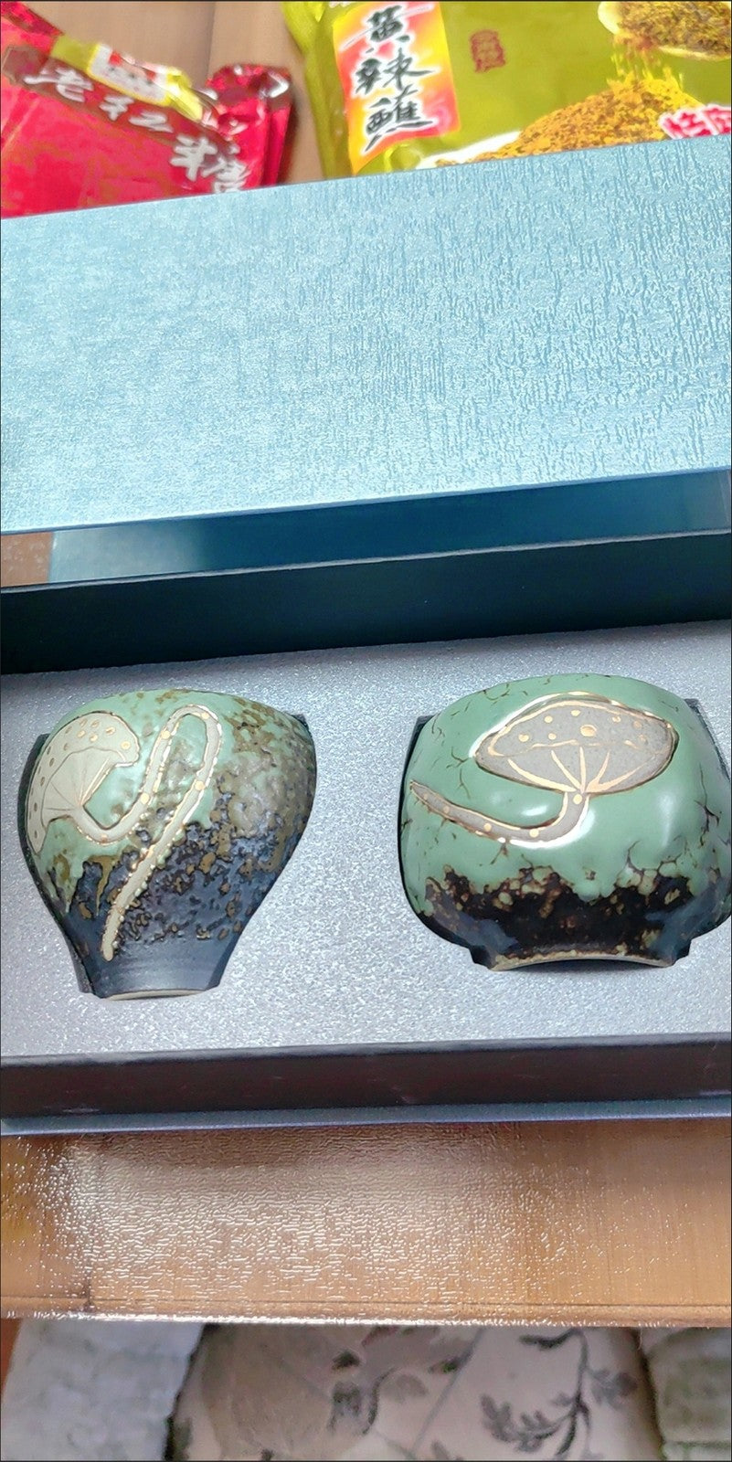 Lotus Pod Couple Cup Set Rough Pottery Stone Green Glaze Master Tea Cup Gift Box
