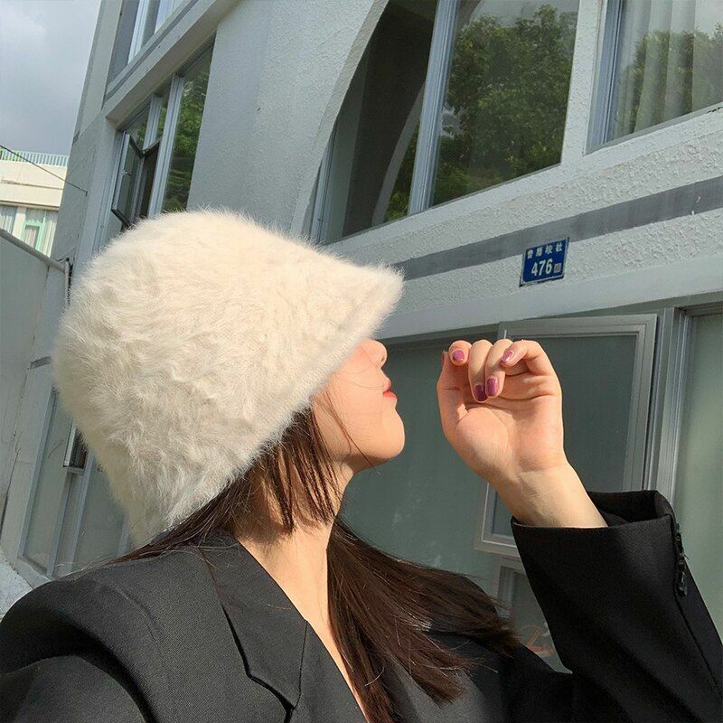 Hat Winter Women Solid Color Rabbit Fur Bucket Cap Fisherman Retro Knitted Wool