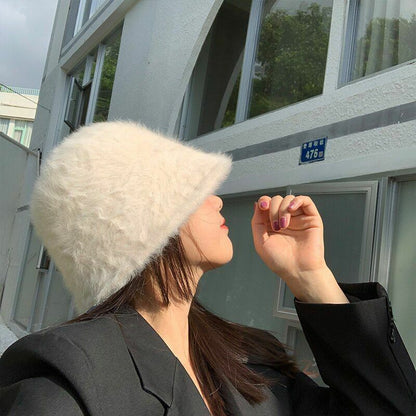 Hat Winter Women Solid Color Rabbit Fur Bucket Cap Fisherman Retro Knitted Wool