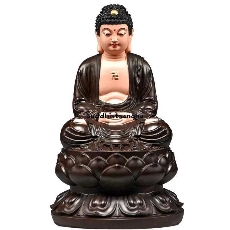 8" Natural Ebony Wood Carved Sakyamuni Buddha Statue Color Painting Shrine Home