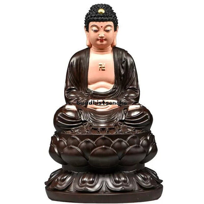 8" Natural Ebony Wood Carved Sakyamuni Buddha Statue Color Painting Shrine Home
