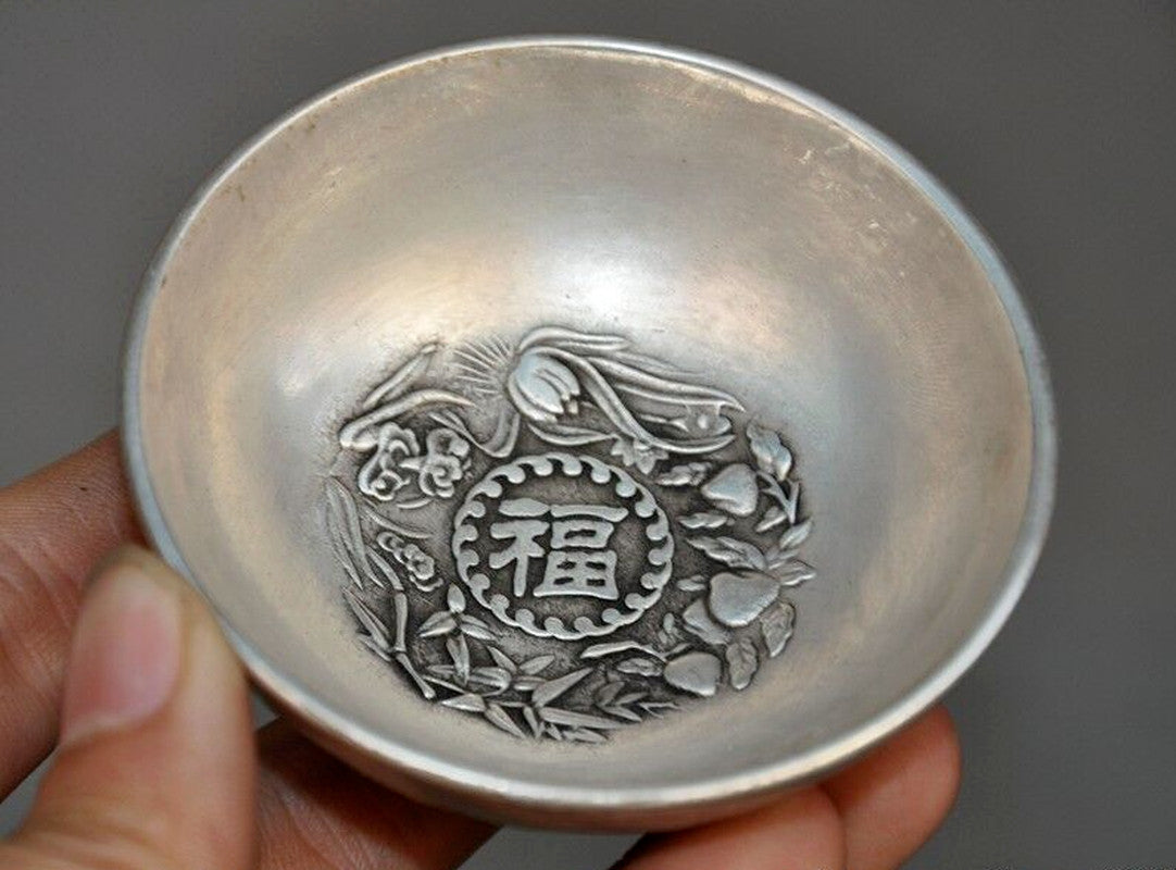 2.8" Chinese Tibetan Silver Dragons Dragon Loong Statue Tea Cup Bowl Collect New