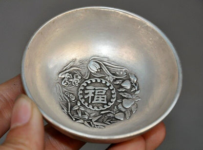 2.8" Chinese Tibetan Silver Dragons Dragon Loong Statue Tea Cup Bowl Collect New