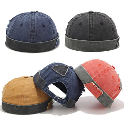 Mens Womens Retro Brimless Beanie Hat Sailor Docker Denim Skull Cap Adjustable