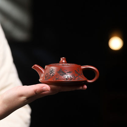 Hand Carved Real Yixing Zisha Dahongpao Clay Tea Pot Bird Branch Engraved 130ml