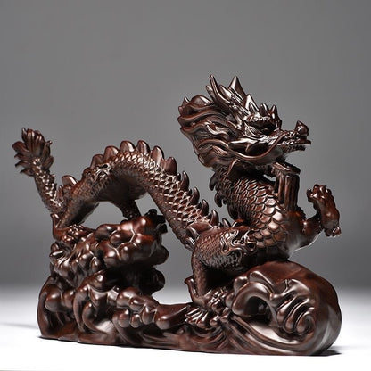 8" Ebony Wood Carved Dragon Statue Chinese Feng Shui Home Decor