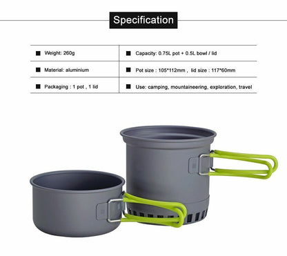 Aluminum Pot Pan Set Camping Cookware Cooking System Outdoor Tableware 0.75/0.5L