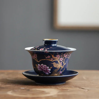Palace Enamel Ceramic Gaiwan Teacup Hand Painted Flower Pattern Tea Bowl