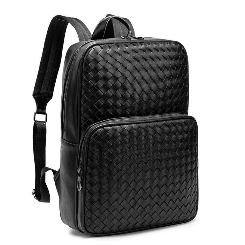 Top PU Leather Black Weaving Backpack, Soft Leather Large Capacity Travel Bags