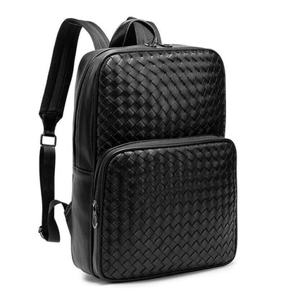 Top PU Leather Black Weaving Backpack, Soft Leather Large Capacity Travel Bags