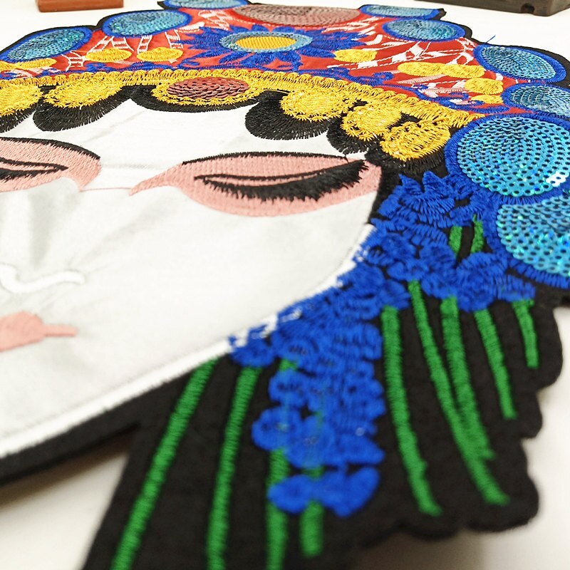 2pcs Chinese Style Sew on Sequined Peking Opera Mask Patch Embroidery Patches