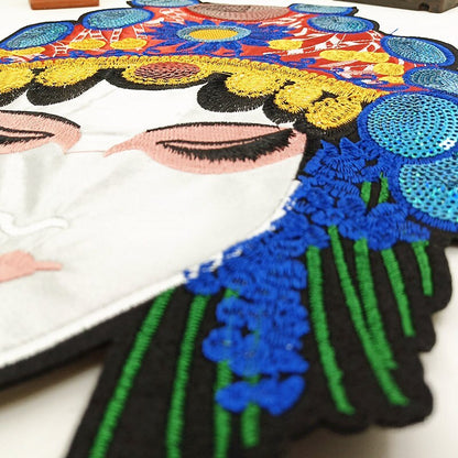 2pcs Chinese Style Sew on Sequined Peking Opera Mask Patch Embroidery Patches