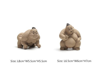Handmade Figurine Sumo Statue Crude Pottery Artwork Wrestling Tea Pet Creative