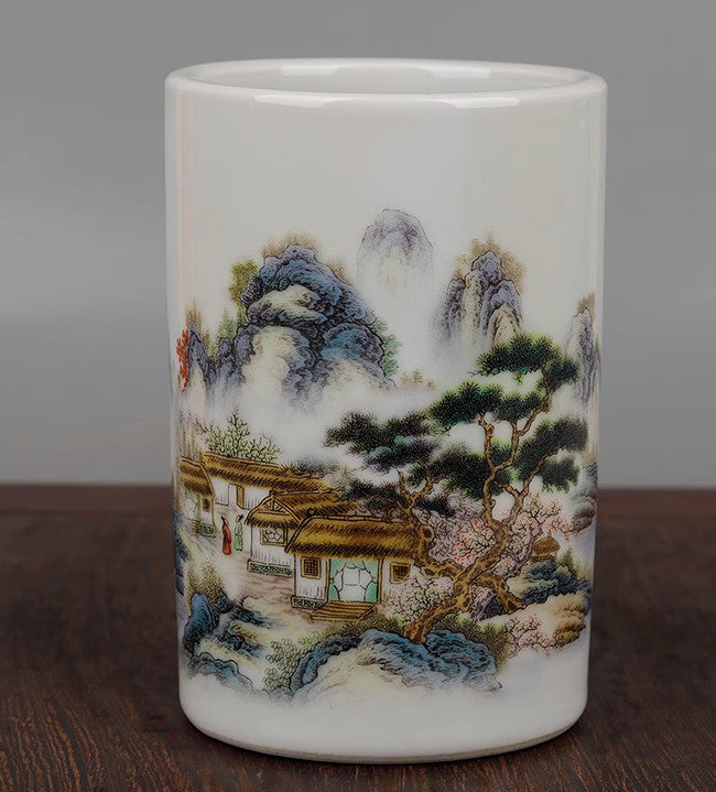 Chinese Colour Porcelain Mountains Rivers Landscape Brush Pot Pencil Vase '宁静致远'