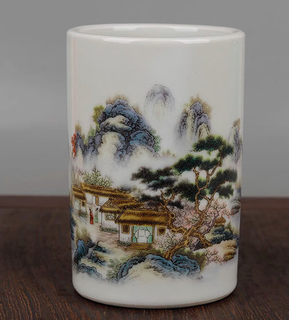 Chinese Colour Porcelain Mountains Rivers Landscape Brush Pot Pencil Vase '宁静致远'