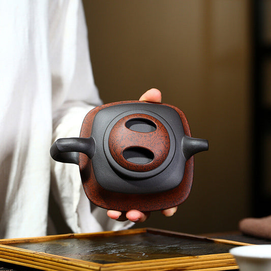 5.6" Chinese Yixing Zisha Pottery Black Glue Clay 280ML Four Sides Teapot 牛盖四方