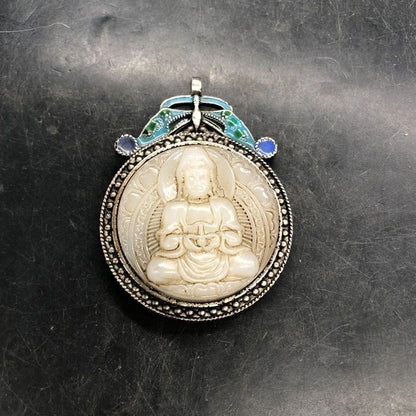 Vintage Guanyin Pendant Cloisonne Enamel Jade-like Amulet Charm