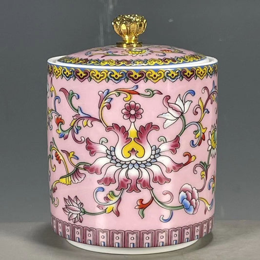 3.5 InchChinese Antique Qing Qianlong Pink Flower Tea Cup Tea Jar