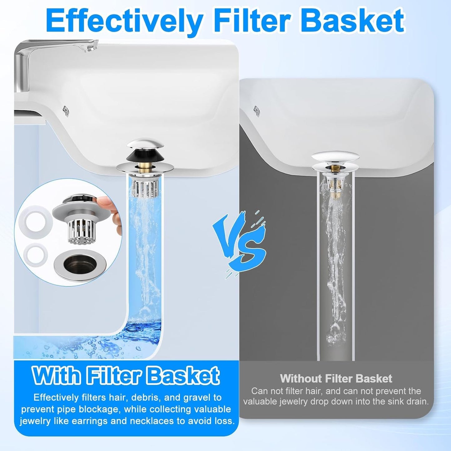 Universal 3 in 1 Bathroom Sink Drain Strainer,Pop up Bathroom Sink Stopper with