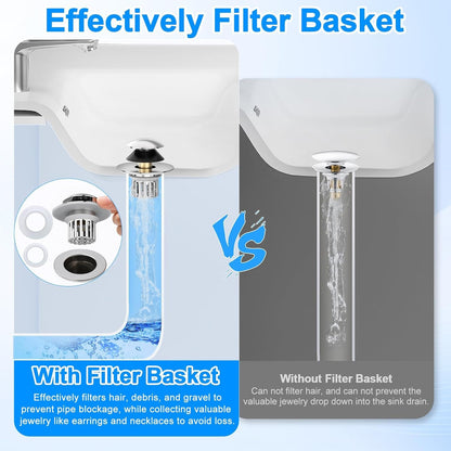 Universal 3 in 1 Bathroom Sink Drain Strainer,Pop up Bathroom Sink Stopper with