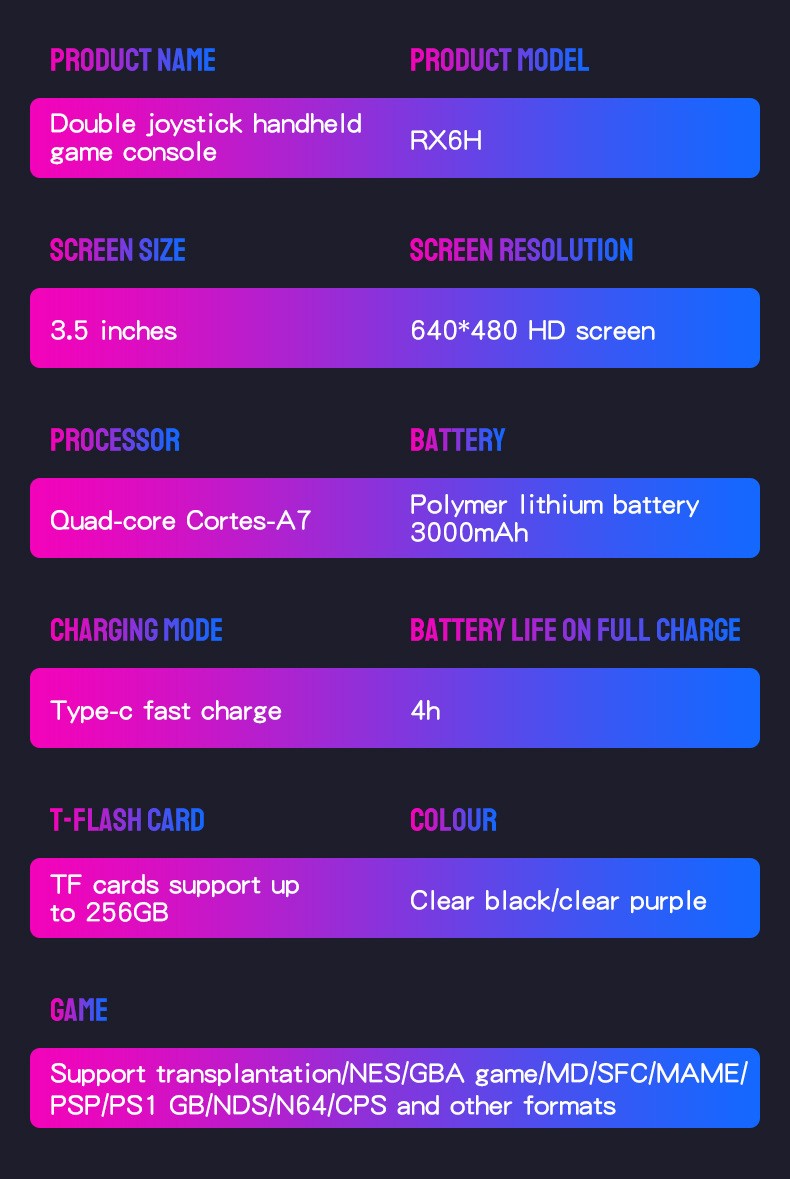 RX6H handheld game console with Linux system and a 3.5-inch high-definition