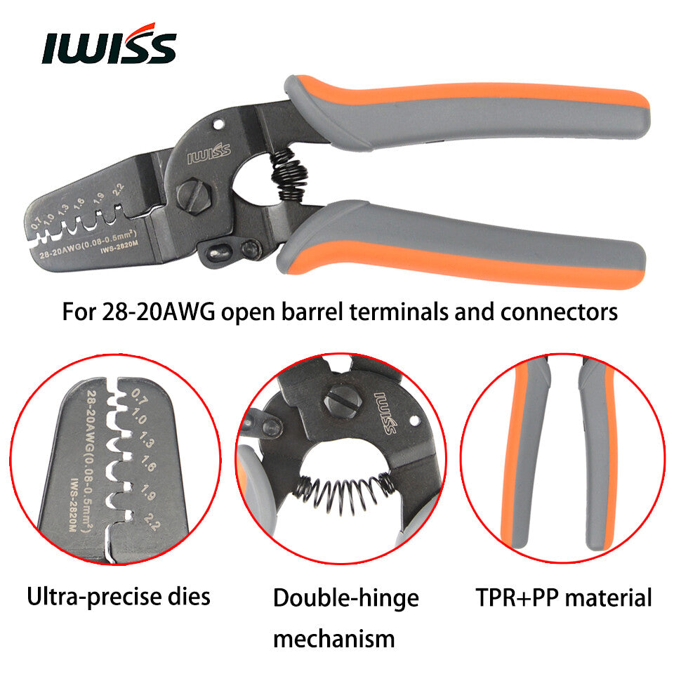IWISS Micro Open Barrel Crimper Tools IWS-2820 for 28-20AWG + FSA-0626 Stripper