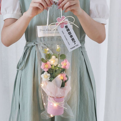 Crochet Flowers Bouquet Milk Cotton Hand-Knitted LED Light Gift Bag Floral Decor