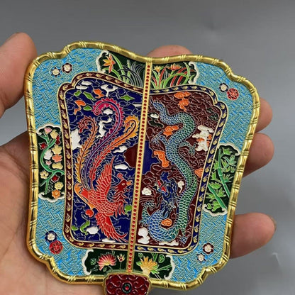 Enamel Painted Qianlong Dragon Phoenix Fan Antique Banana Fan Home Collection