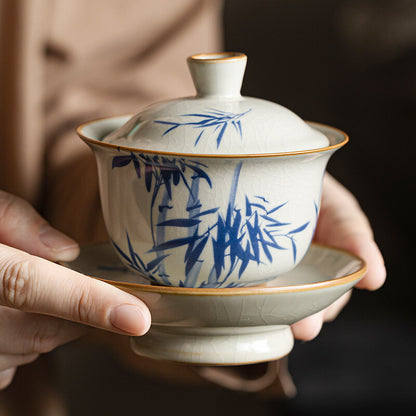 Gaiwan Ruyao Craft Crackle Glaze Porcelain Tureen With Saucer Lid Bamboo Print