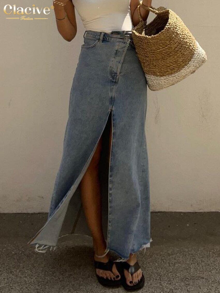 Skirts Women Office Lady Long Skirt Blue Denim Skirt Female Clothing
