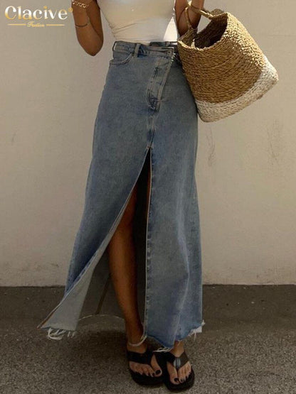 Skirts Women Office Lady Long Skirt Blue Denim Skirt Female Clothing
