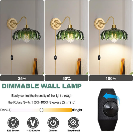 Vintage Plug in Wall Sconces Set of Two,Dimmable Wall Sconces Lamp with Plug in