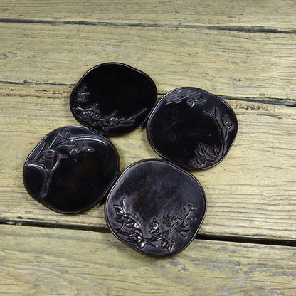 Vintage Sandalwood Carved Plum Orchid Bamboo Chrysanthemum Tea Coasters Set 4pcs