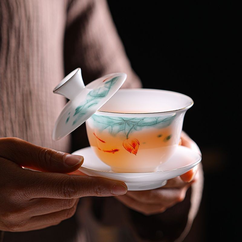 1pc Ice Jade Porcelain Gaiwan Ceramic San Cai Tea Bowl Household Tea Maker