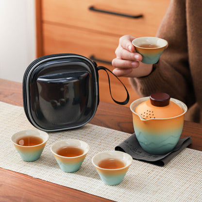 Travel Tea Set With Portable Bag Porcelain Tea Pot 4 Matching Tea Cups Towel New