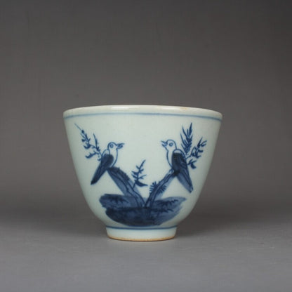 2.9" Chinese Jing De Zhen Blue and White Porcelain Flower Magpie Bird Teacup Cup