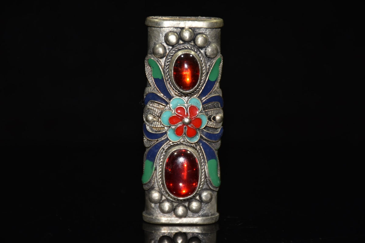 Ornament Vintage White Copper Cloisonne Inlaid Ruby Lighter Case