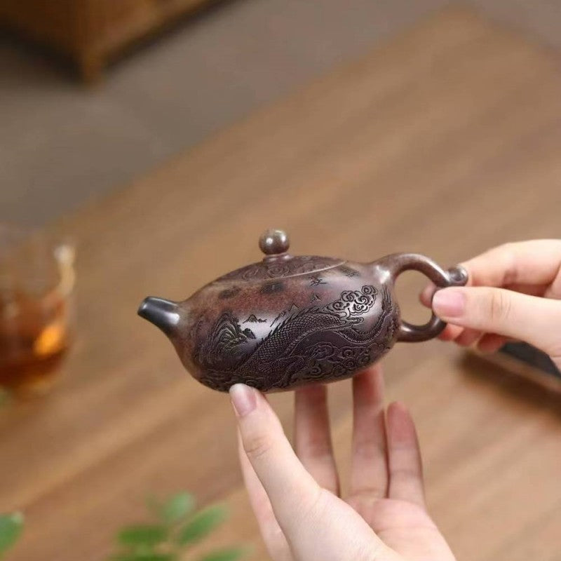 Authentic Yixing Zisha Teapor High-Fired Original Agarwood Clay Pot Dragon Carve