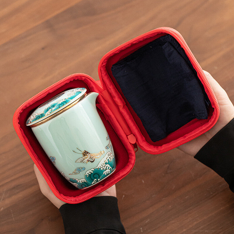 Boutique Tea Set With Travel Bag 999 Sterling Silver Pot Filter Cup Crane Relief