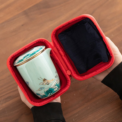 Boutique Tea Set With Travel Bag 999 Sterling Silver Pot Filter Cup Crane Relief