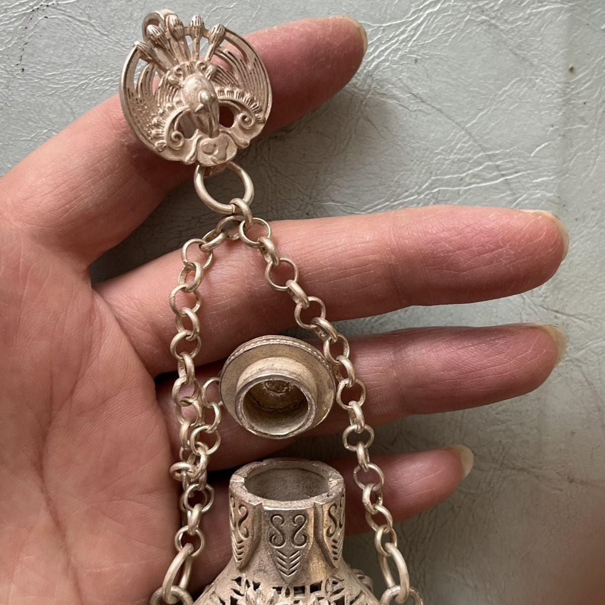 Vintage Xuande Eight Immortals Silver Sachet Handheld