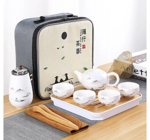 Ceramic Kung Fu Travel Tea Set Teapot Canister 4 Cups Tray Clip Towel Bag Gift