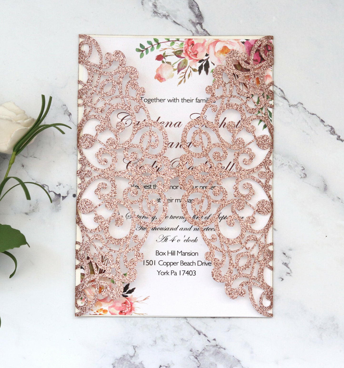50X Glitter Wedding Invitation Card Laser Cut Romantic Party Floral Personalize